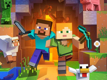 Minecraft characters Steve and Alex with diamond swords