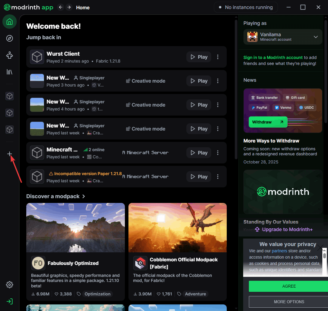 Create new instance button in the Modrinth App
