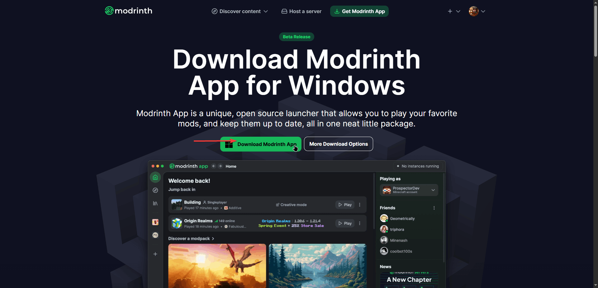 Modrinth App download page on modrinth.com