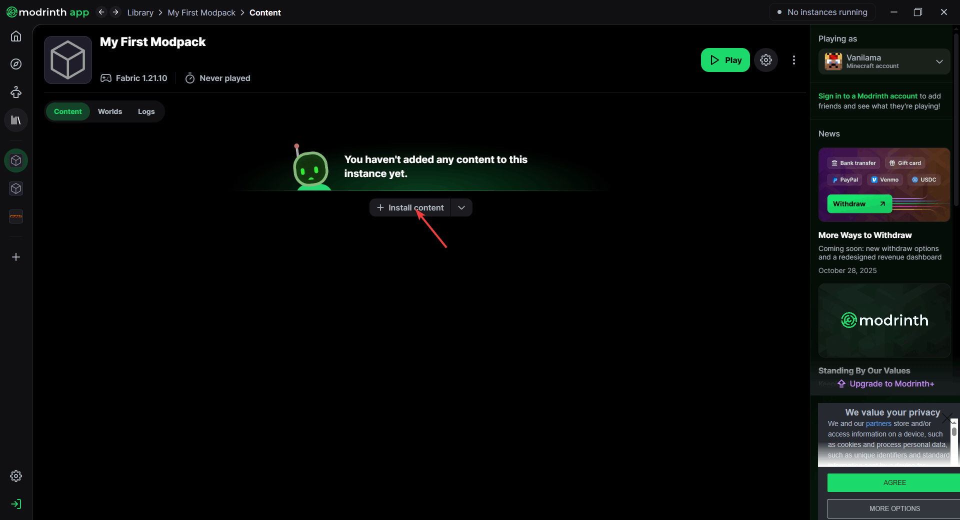 Install content button inside a Modrinth instance