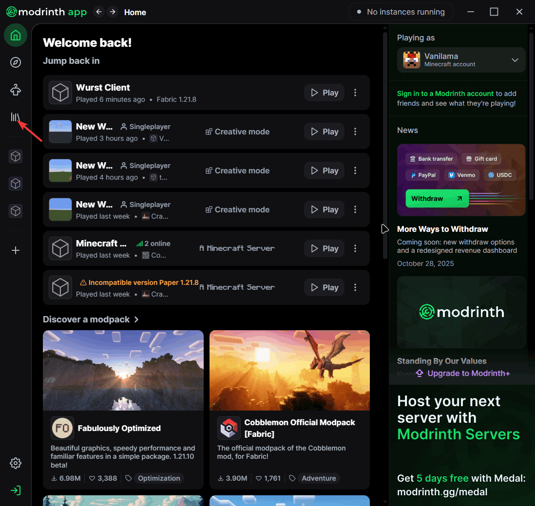Library tab listing modpack instances in Modrinth