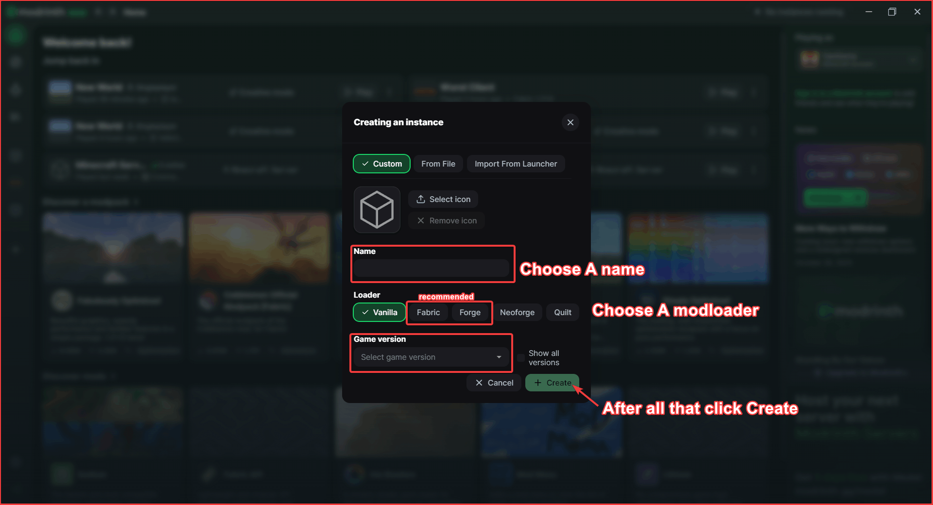 Creating a new Minecraft modpack instance in the Modrinth App