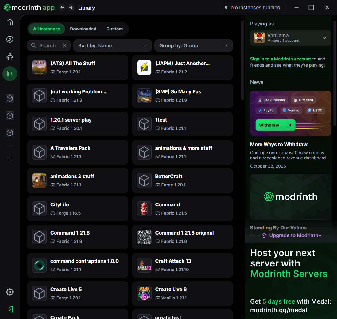 Newly created modpack instance page in Modrinth
