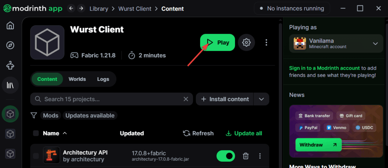 Launching a finished modpack from the Modrinth App
