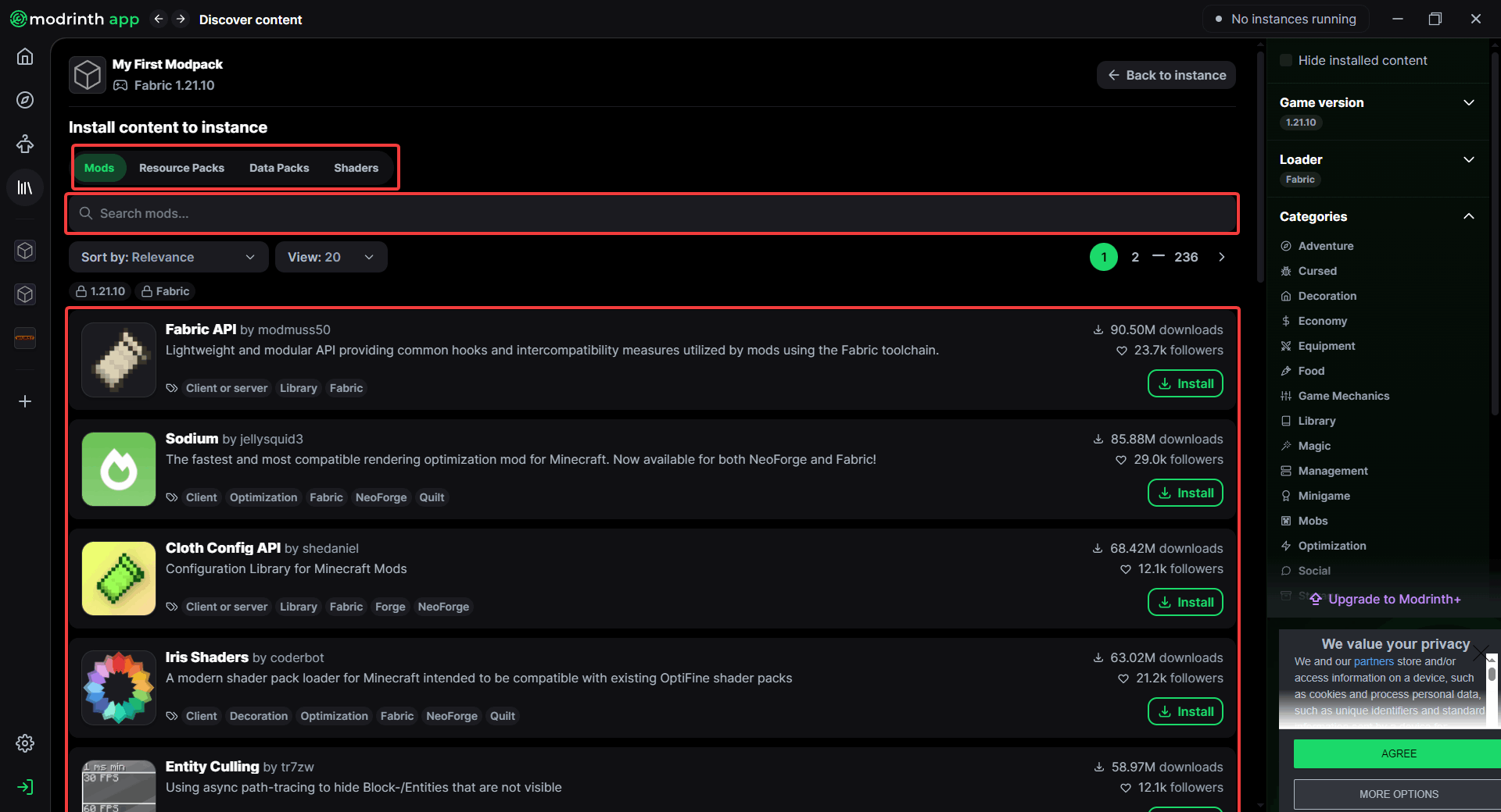 Searching for mods in the Modrinth App content browser